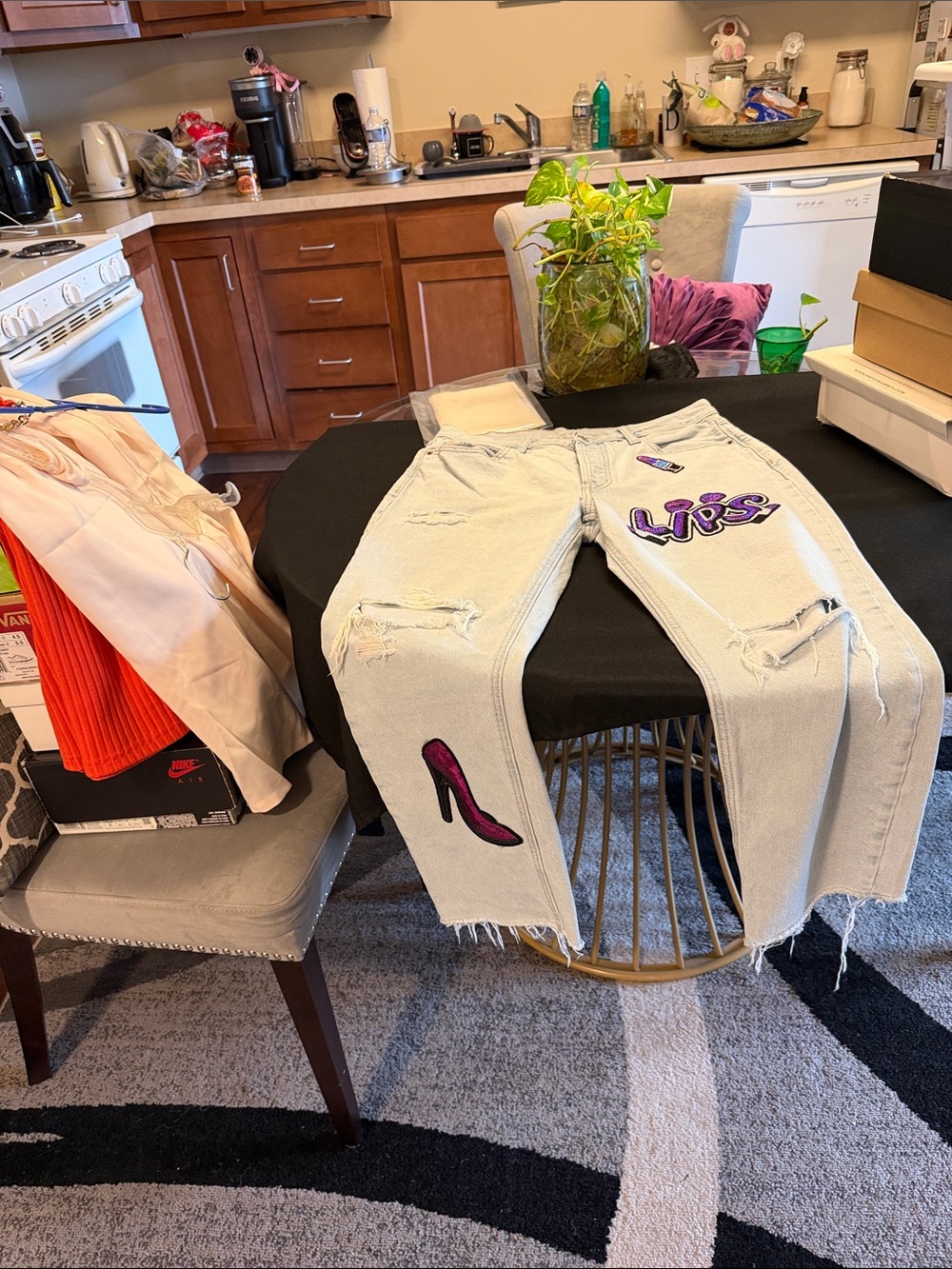Old Navy Light Wash Straight Leg Jeans with Purple & Pink Embroidery